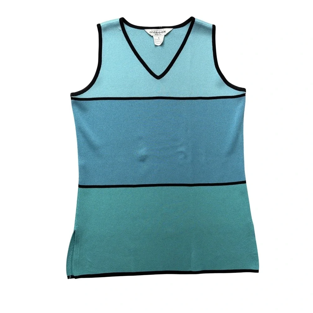 Misook Sweater Womens Petite S Blue Striped Colorblock V‎ Neck Sleeveless Tunic
